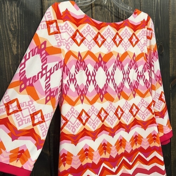 Eliza J Dress 8 Mini Shift Pink & Orange Pattern Aztec Boho Office Zipper Back - Picture 2 of 8